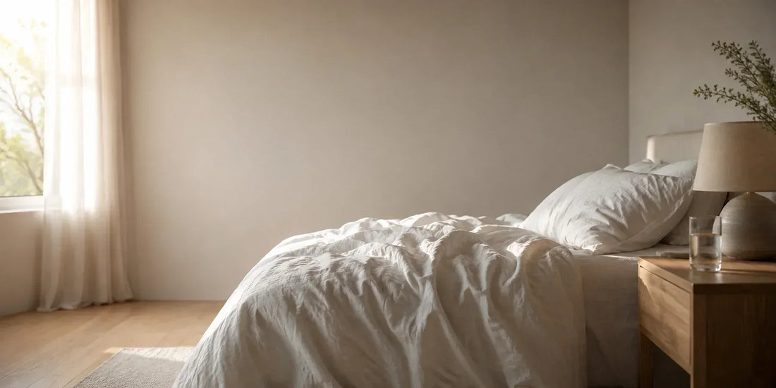 Comfortable bedroom with white bedding and soft natural light”