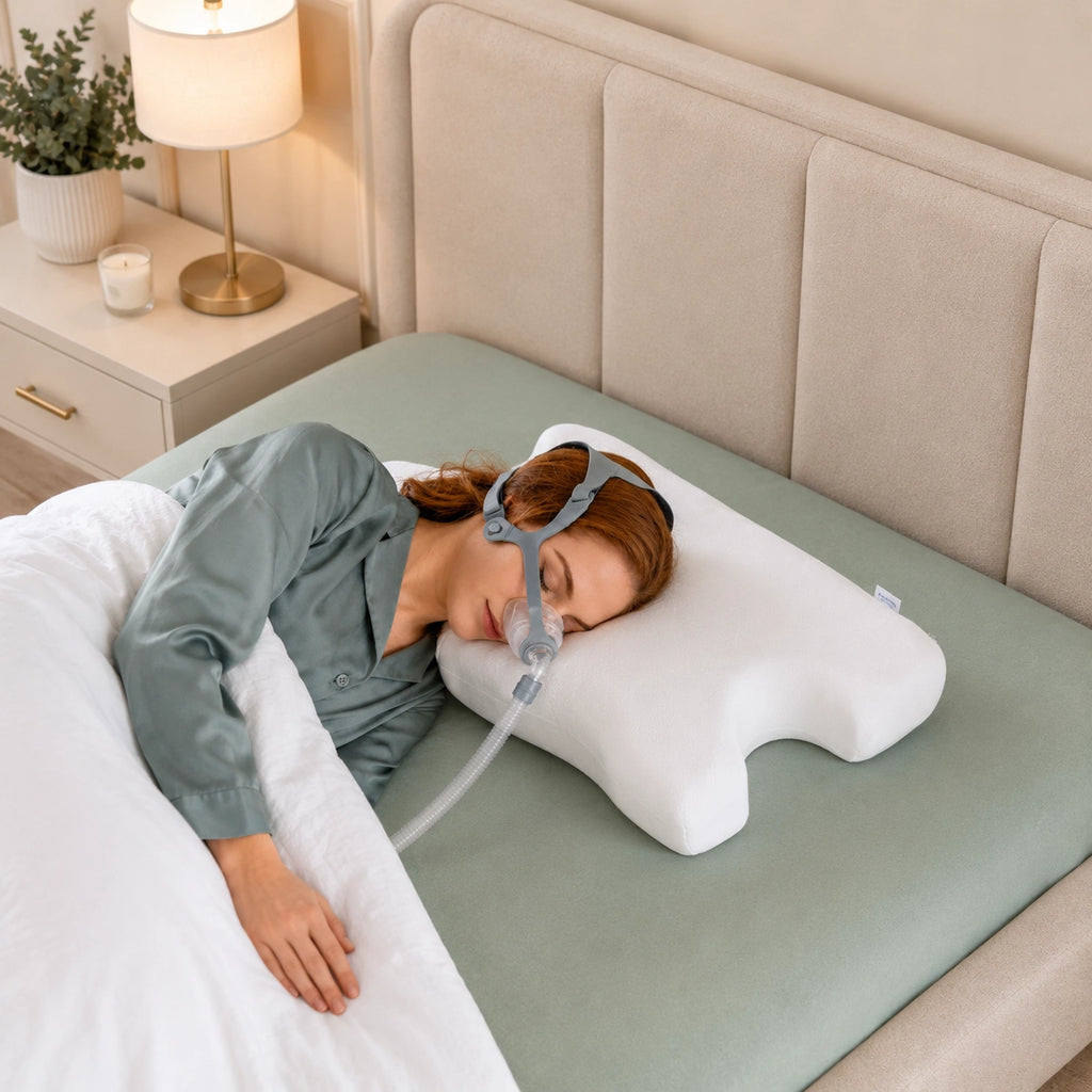 Woman side sleeping in a full-face CPAP mask supported by the Advanced CPAP pillow