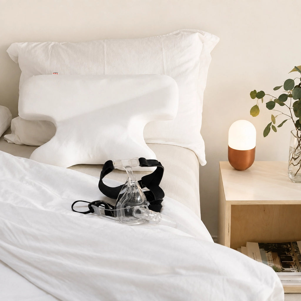 Advanced CPAP pillow on a bed beside a CPAP mask and bedside lamp