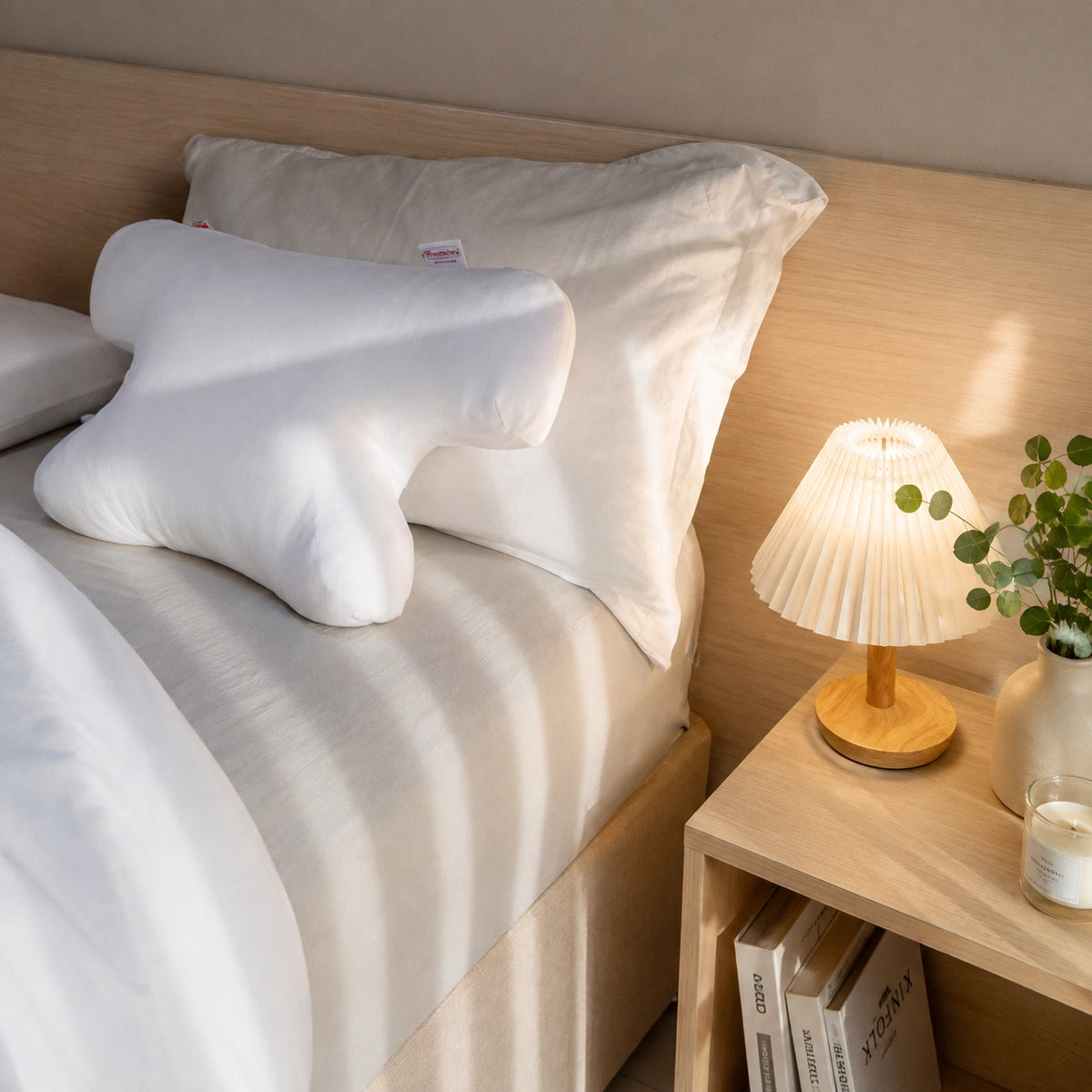 Original CPAP pillow with cotton cover on a bed, showing its butterfly shape