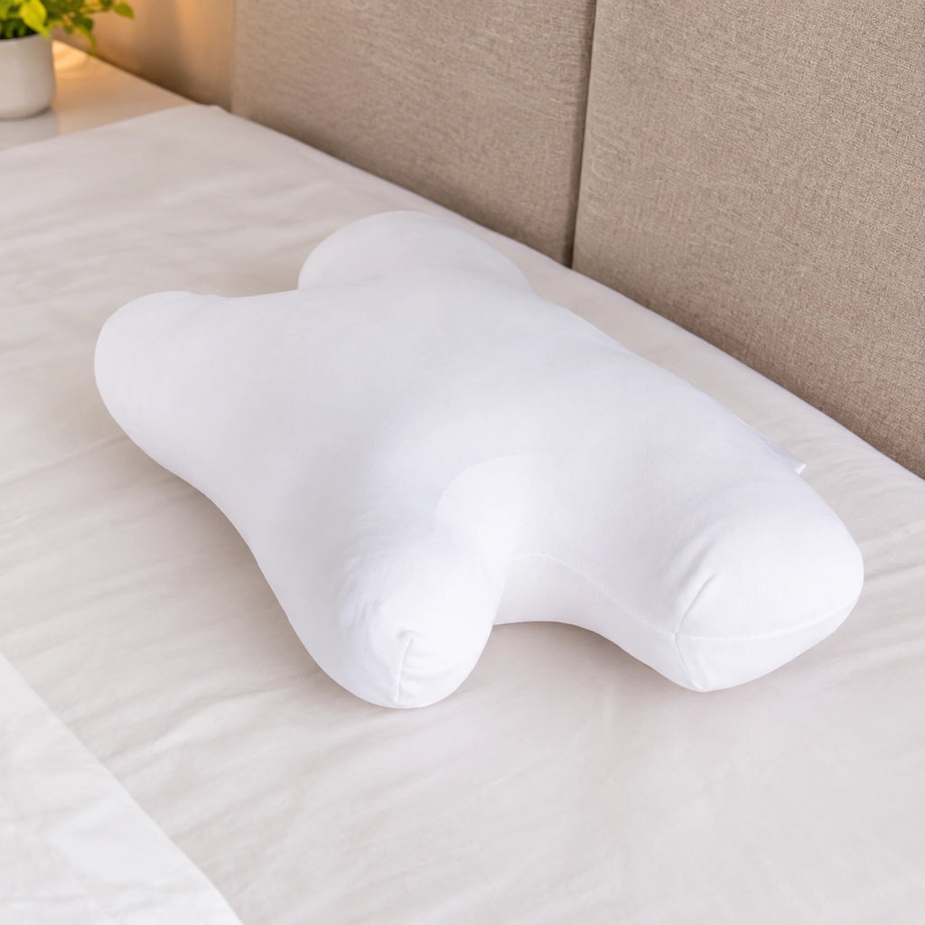 Original CPAP pillow with cotton cover resting on a made bed