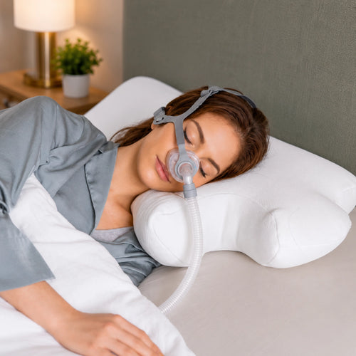 Woman side sleeping in a nasal CPAP mask with the mask resting in the pillow's side cut-out