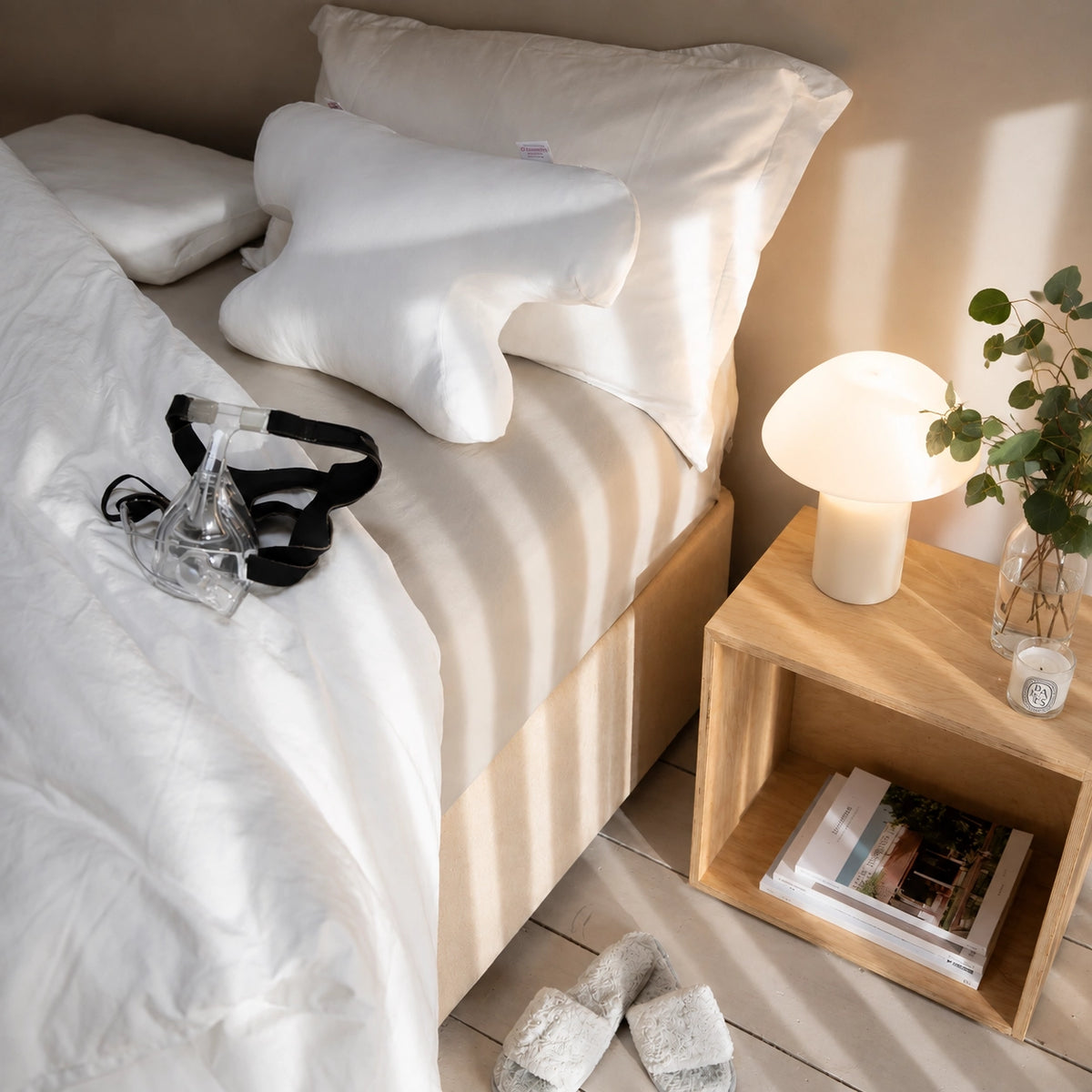 Original CPAP pillow propped against a headboard in a bedroom