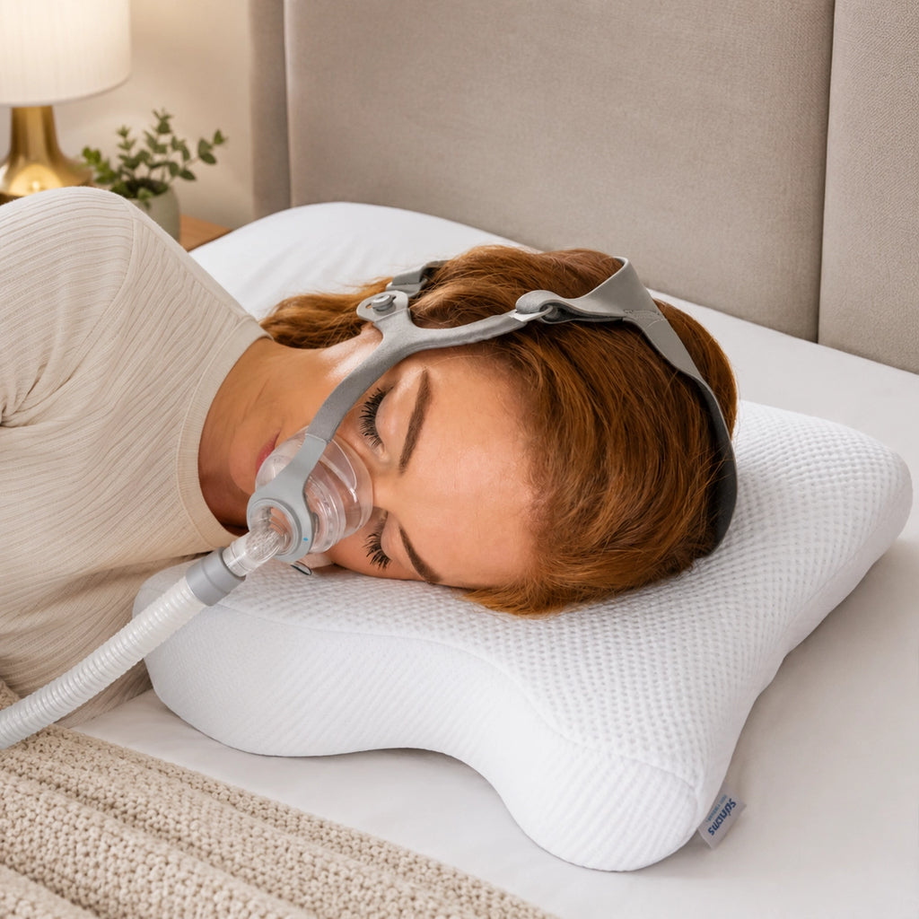 Side view of a woman sleeping with a nasal CPAP mask and tubing supported by the pillow