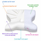 Woman side sleeping in a nasal CPAP mask on the travel CPAP pillow